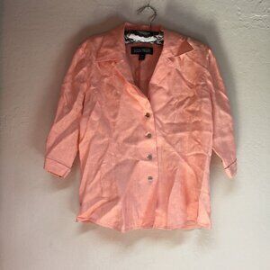 Linda Allard Ellen Tracy Button Front Linen Shirt Sz 12 Petite Peach 3/4 Sleeve